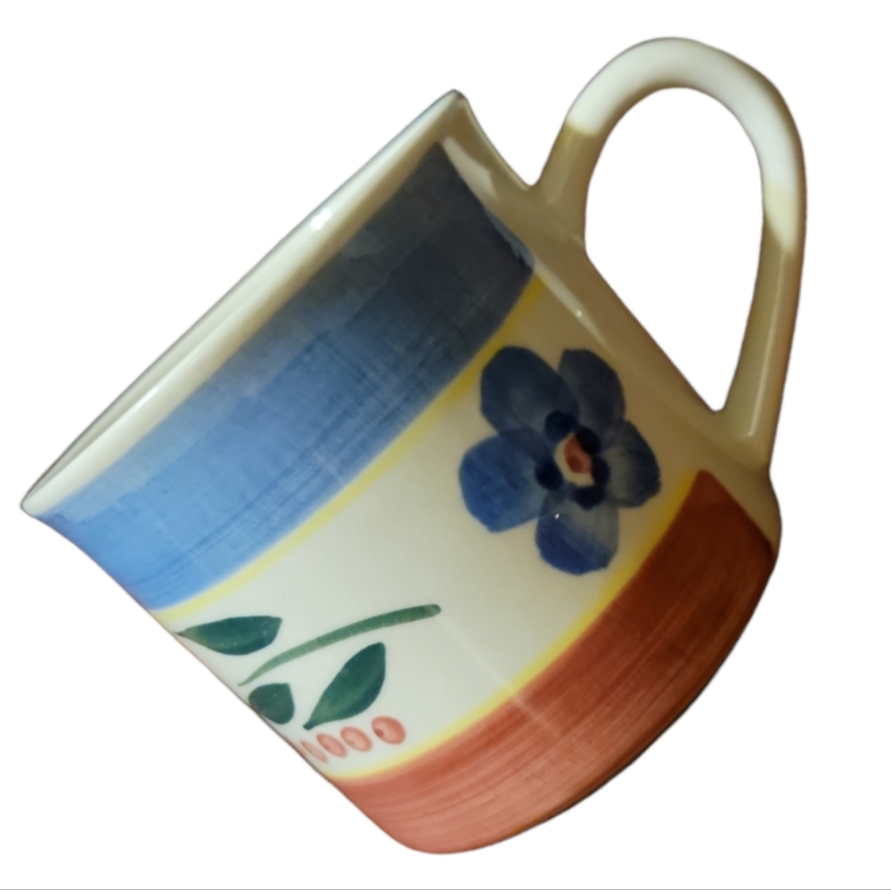 Vtg GIBSON "Bellissimo" Flat Coffee Cup Mug Blue Red Wide Band  Flowers China